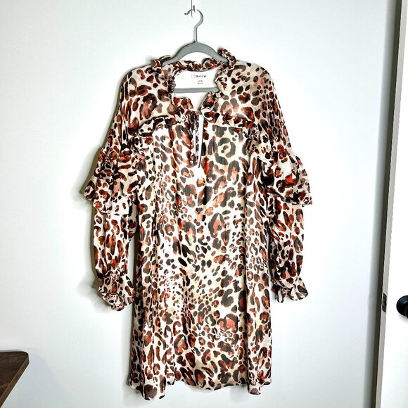 Calvin Klein Cheetah Leopard Animal Print Dress Ruffle Boho Shift Dress Sz 14W - Picture 1 of 5